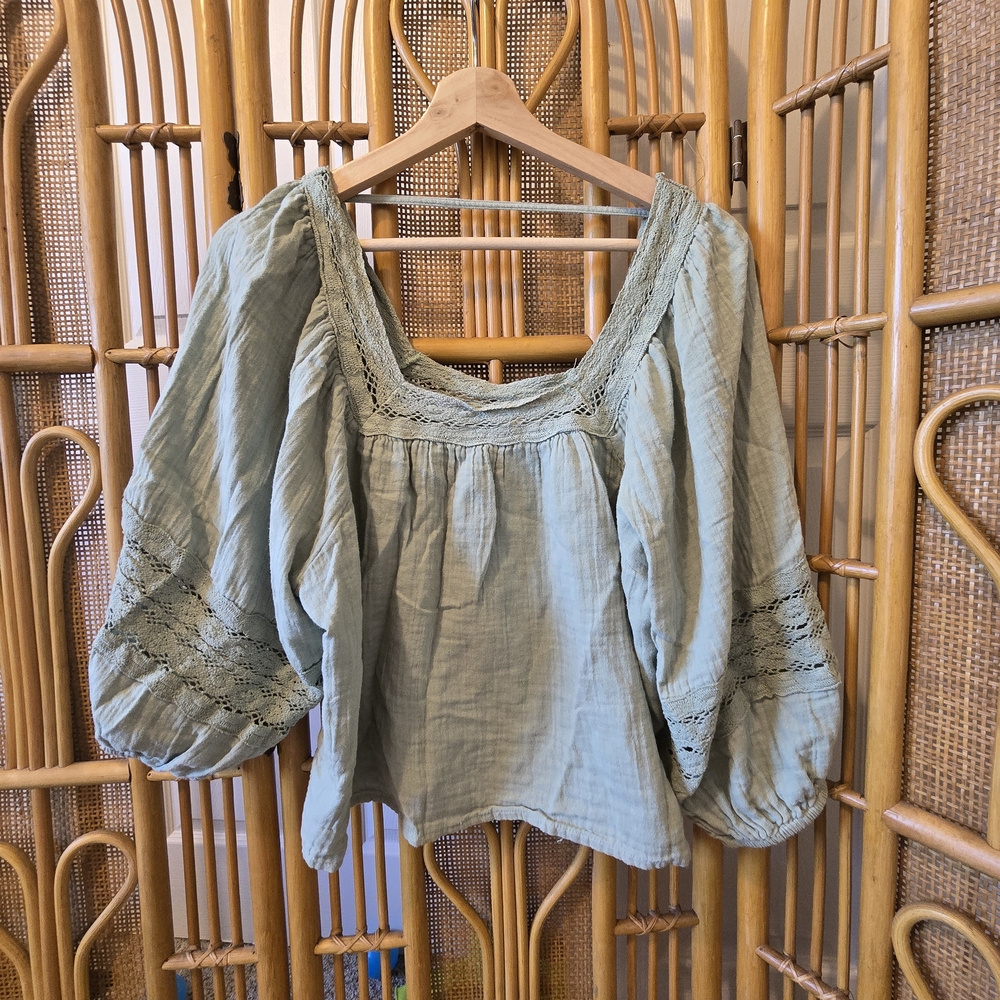 O'Neill Cotton Gauze Sage Green Puff Sleeve Top